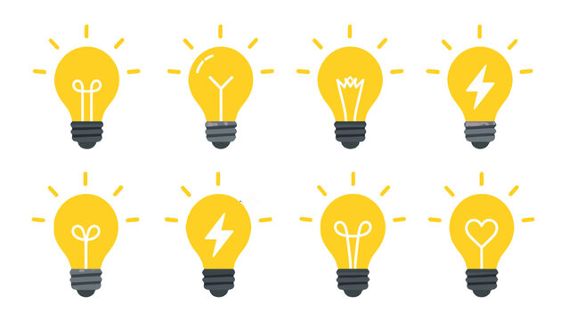 Set of glowing light bulb icons with different filament shapes