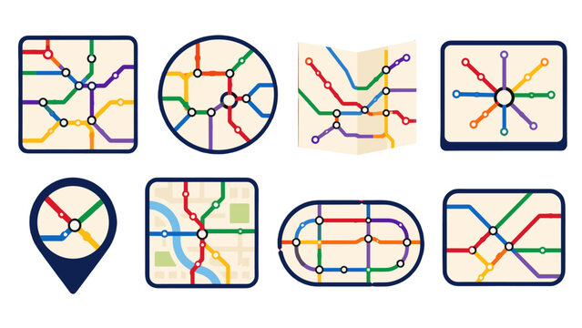 Set of colorful transit map icons in flat vector style