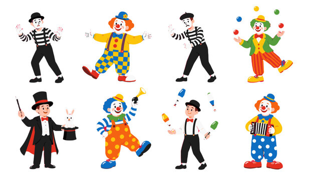 Set of circus clown, mime, magician and juggler cartoon characters