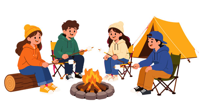 Children roasting marshmallows around a campfire by a tent