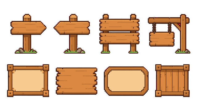 Set of pixel art wooden signboards and blank notice boards