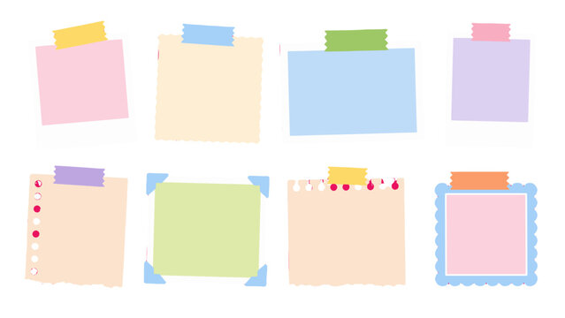 Pastel paper note frames and sticky memo set on white