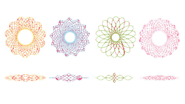 Abstract geometric guilloche rosettes and ornamental border set