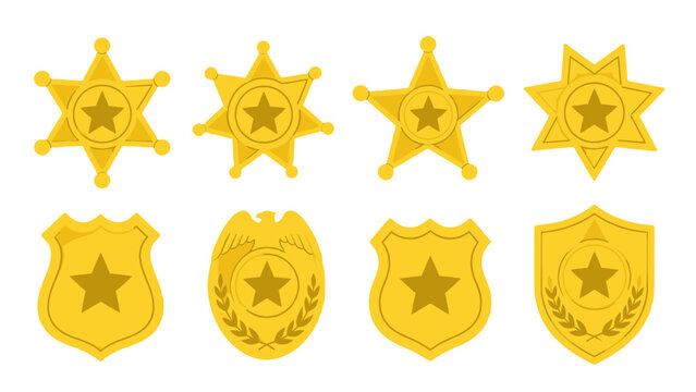 Set of golden sheriff badges and police shield emblems