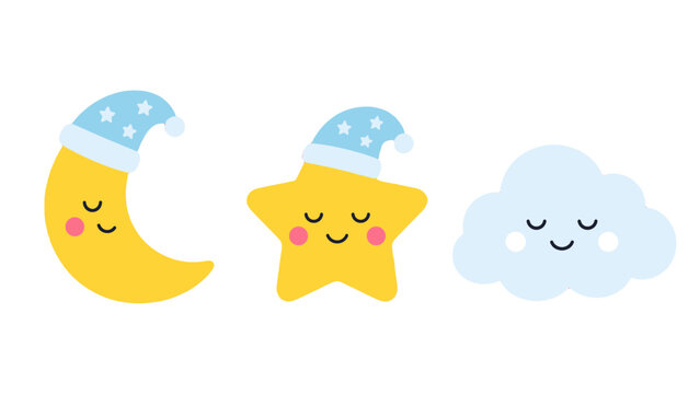 Cute sleeping moon star and cloud with night caps vector set