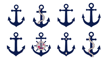 Set of navy anchor icons with rope and ship wheel details © icon_art