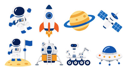 Cartoon space icons with astronaut rocket planet rover and UFO © icon_art