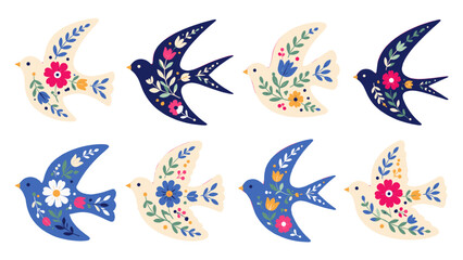 Set of decorative folk birds with floral ornament in flat vector © icon_art