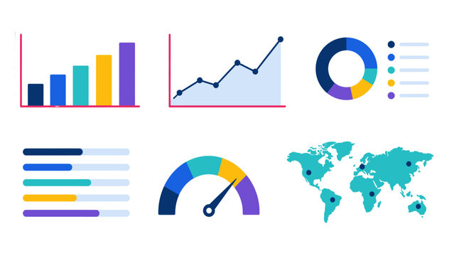 Business analytics dashboard with charts, gauge and world map