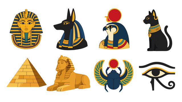 Ancient Egyptian symbols set with pharaoh, gods, cat and pyramid