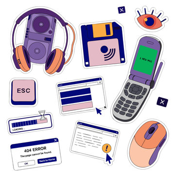 Sticker pack sheet with classic y2k digital elements including floppy disk, flip phone, headphones, computer mouse and window interface. Nostalgic tech vector illustration