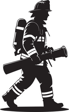 Black silhouette of fireman with oxygen tank walking isolated on transparent background, Vector, illustration