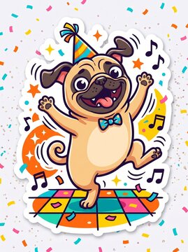 Happy pug dancing at a party with confetti and music notes  