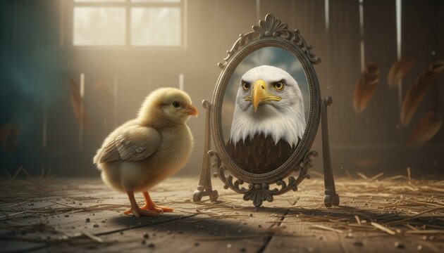 Small fluffy yellow chicken stands on wooden floor inside rustic barn look into vintage mirror showing reflection of proud bald eagle