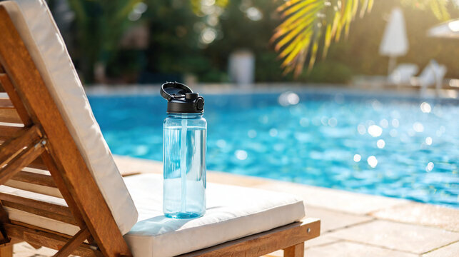 clear blue water bottle, poolside lounge chair, refreshing summer drink, plastic flask, sunny vacation resort backdrop, swimming pool, hydration concept, sport drink, wellness