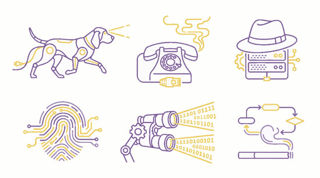 Cybersecurity and digital surveillance icons set featuring a robotic dog and server with hat and binary code data stream in a flat line art style