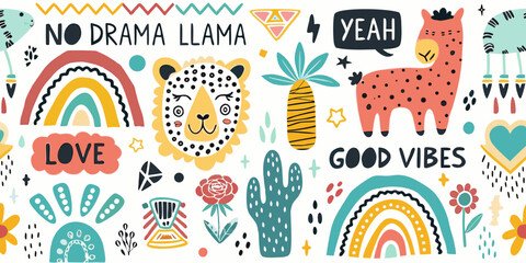 Boho Doodle Art Collection Featuring Llamas Lions And Cacti © SreemotiRaba