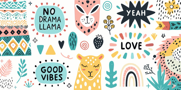 Floral Ornament Pattern With Hand Lettered Phrases And Animal Illustrations