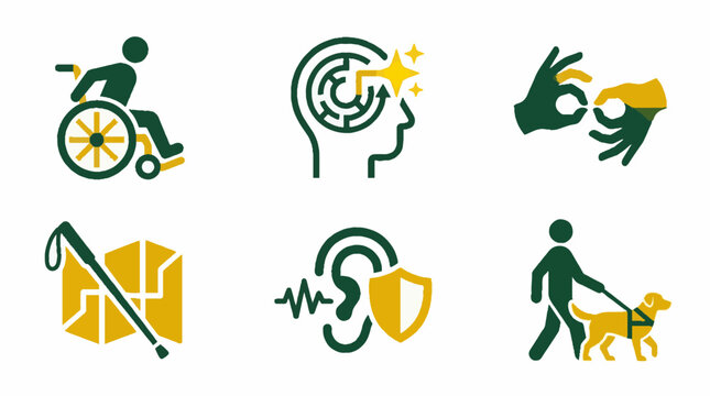 Set of disability and accessibility icons featuring wheelchair user, mental health, sign language, cane, hearing aid, and guide dog in flat vector style