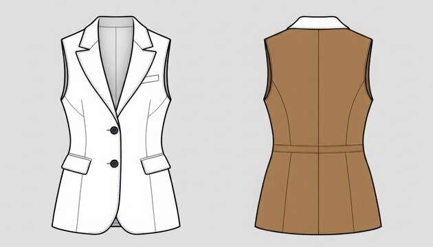 Technical fashion sketch of sleeveless tailored blazer featuring notched lapels button closure and contrast back panel design