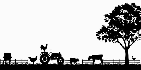 Obraz premium Farm Scene Silhouette Illustration With Tractor Livestock And Trees