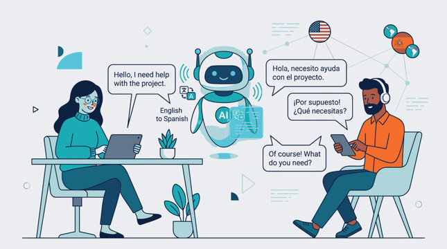 Artificial intelligence robot assisting people with multilingual language translation