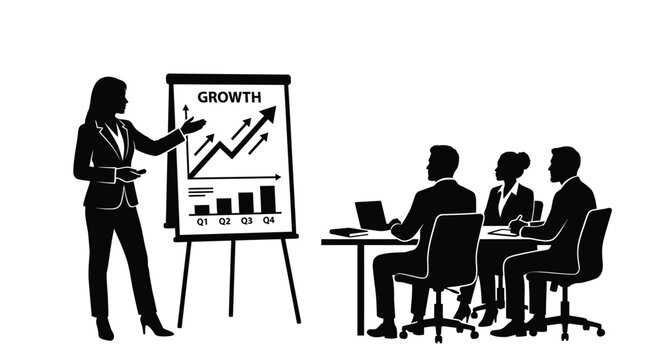 Professional business woman presenting financial growth charts on a flip chart to a group of attentive colleagues in a modern office meeting vector illustration isolated on a clean white background