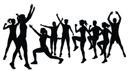 Fototapeta premium Group of energetic people performing fitness exercises in a high energy aerobics class captured as a clean black vector illustration on a white background for health and wellness design projects.