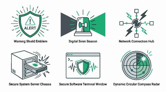 Set of six cybersecurity and network technology icons featuring a warning shield siren beacon connection hub server chassis terminal and radar