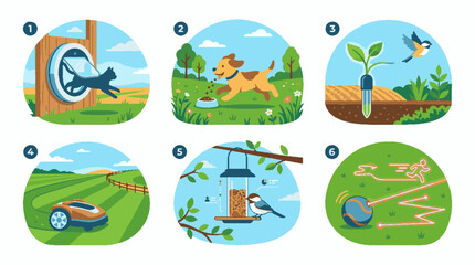 Obraz na płótnie Canvas Set of six flat vector illustrations depicting various smart home and automated outdoor technology concepts for pets and garden maintenance