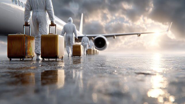 Healthcare workers in protective suits carrying luggage, boarding a plane for emergency evacuation or global pandemic threat response, traveling for medical aid or quarantine