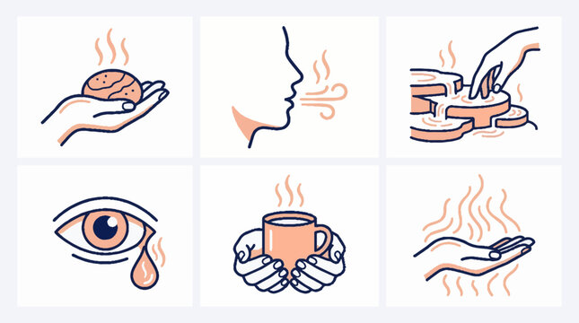 Set of six minimalist vector icons depicting human sensory experiences and physical interactions with heat and moisture in a simple line art style