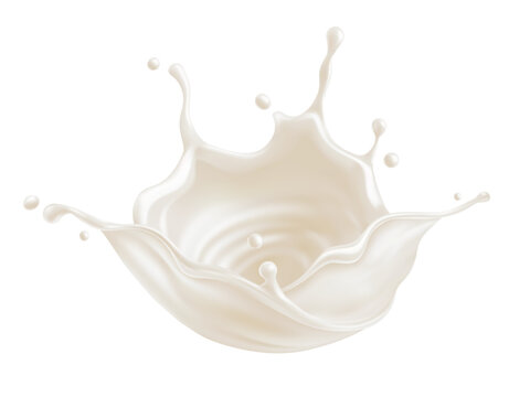Milk splash with drops, bubbles and blots. Melting dairy cream liquid fluid crown drops. Vector Illustration Isolated on white background.