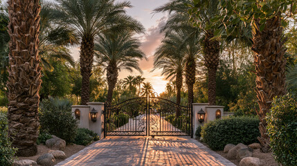 Fototapeta premium Luxury gated community entrance with ornate metal gates and palm trees at sunrise. Stone driveway leads to elegant private estate. Warm golden light casts long shadows across the serene landscape