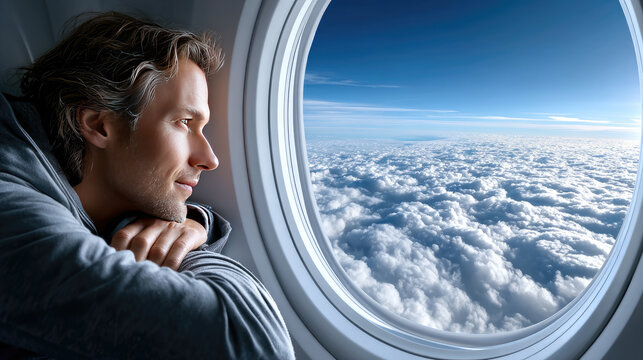 Man traveling on airplane enjoying vast cloudscape view from window, experiencing freedom and discovery during journey, looking forward to destination