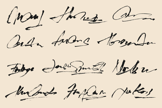 Brushstroke Sketch Fake Signatures. Grunge handwritten signatures vector set. Ink scribble textured autograph collection.