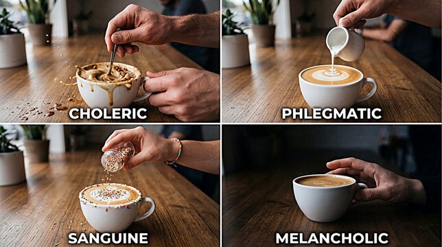 Part of a creative photo series coffee as a metaphor for the four classic temperament types: choleric (vigorous stirring), phlegmatic (calmly pouring milk), sanguine (cheerful sprinkle), and melanchol
