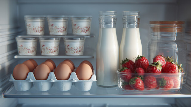 Refrigerator shelf. Fresh groceries arranged inside modern refrigerator with dairy products, eggs, and berries. Healthy food storage for nutrition, kitchen organization, or household use