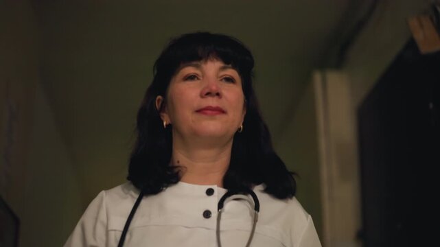 Doctor on duty ascending dim stairway, stethoscope tucked under collar, confident expression, corridor ceiling lights, nighttime shift energy, readiness for emergency, professional resolve