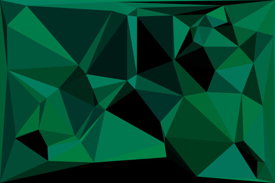 Dark green low poly geometric pattern background with irregular triangle shapes and shades.