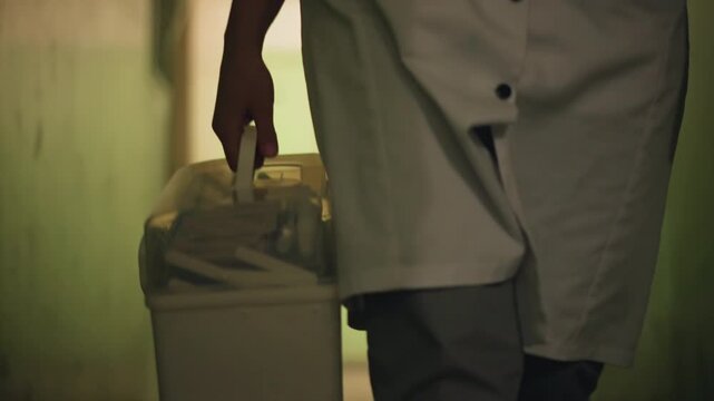 Nurse walking hospital corridor carrying cooler containing vaccines and supplies, dim green lighting, closeup on lower body and hands, white uniform buttoned, urgent stride toward patient room,