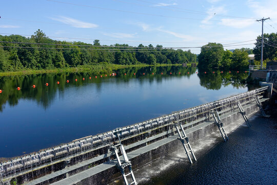 View of the Farmington River in historic Collinsville, in Canton, Connecticut (CT)