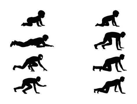 8 Stages of Human Crawling Development Silhouette Icons, Silhouette, for Childhood Growth Concepts