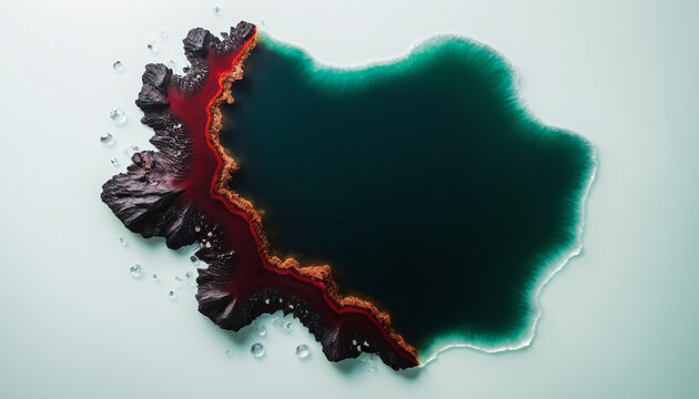 Top view of turquoise water pool surrounded by red mineral rocks