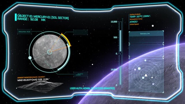 Futuristic space hud ui overlay with mercury planet scan