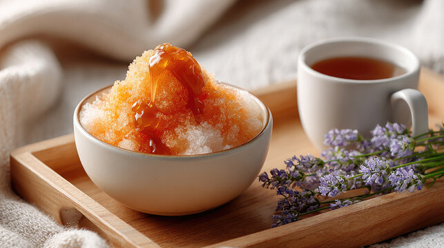 Orange shaved ice dessert with sticky sweet syrup and creamy condensed milk. A refreshing summer treat on a wooden tray with calming lavender and a hot cup of tea
