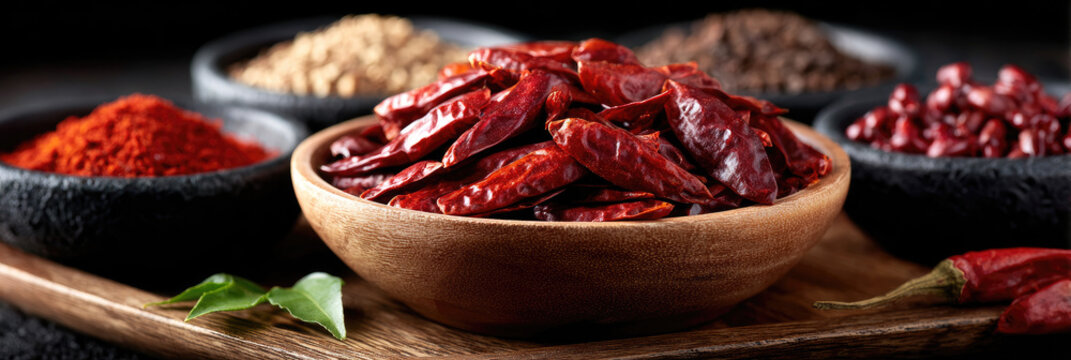 Dried red chili peppers, spices, and seasonings in various bowls on a wooden cutting board, essential ingredients for adding intense heat, flavor, and umami to culinary creations