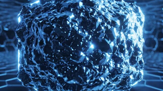 3D representation of molecular structure floating in digital space. Hexagonal patterns surround molecule with blue light. Concept of technology, science, research