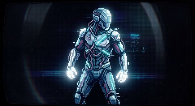 A retro 16-bit pixel art character sprite of a futuristic humanoid cyborg with glowing blue and pink neon lights on a dark background.