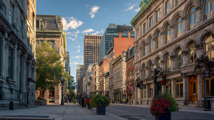 Obraz premium Urban street view showcasing historic buildings and modern skyscrapers under a bright blue sky day
